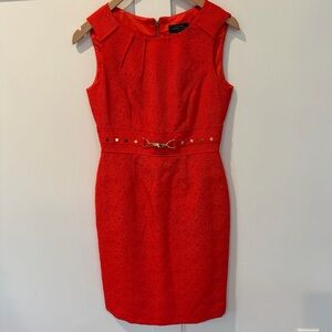 Tahari Arthur S. Levine Dress Red Brocade Gold‎ Belt Sheath Christmas Party 2P